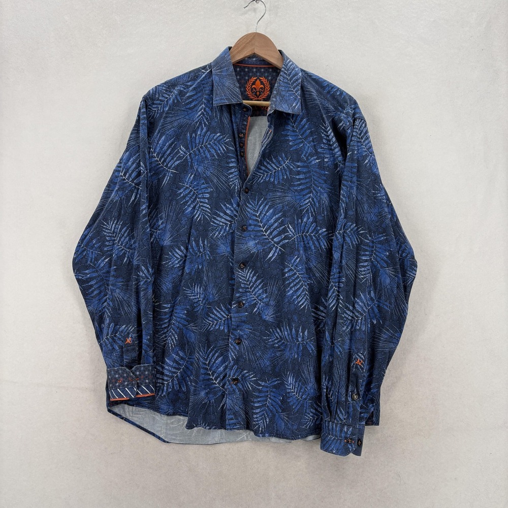 Au Noir Shirt Mens 5 XL Blue Tropical Floral Long Sleeve Button Up Stretch